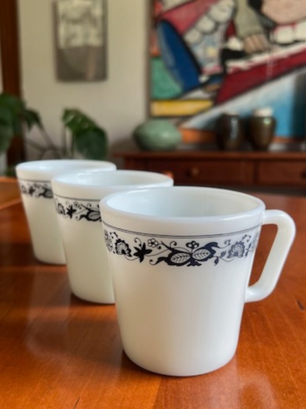 Vintage (3) Pyrex "Old Town Blue" Milk Glass Coffee Tea mug, model #1410